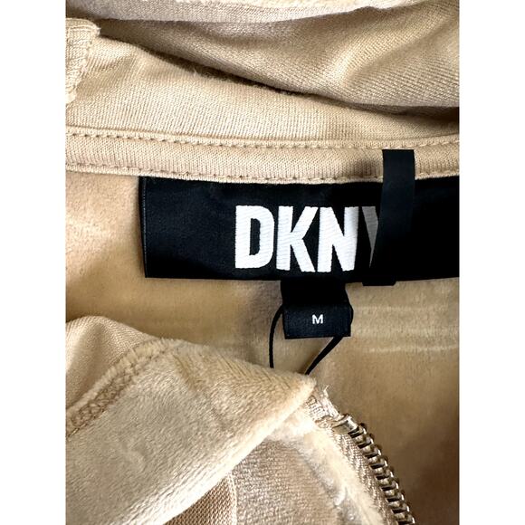 DKNY Full-Zip Hoodie Long Sleeve Elastic Hem Cuffs Velour Gold Tan Women's M NWT - Picture 10 of 11